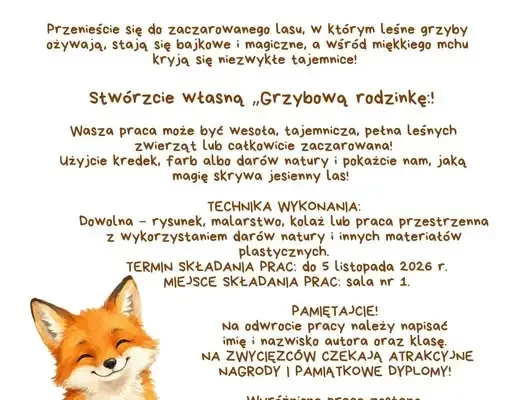 Szkoła Podstawowa nr 36 w Tychach zaprasza uczniów klas 1-3 do konkursu plastycznego „Grzybkowa Rodzinka”